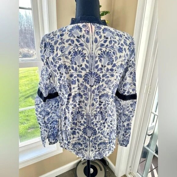 Tory Burch Blue and White Floral Peasant Blouse Tunic - Picture 2 of 6